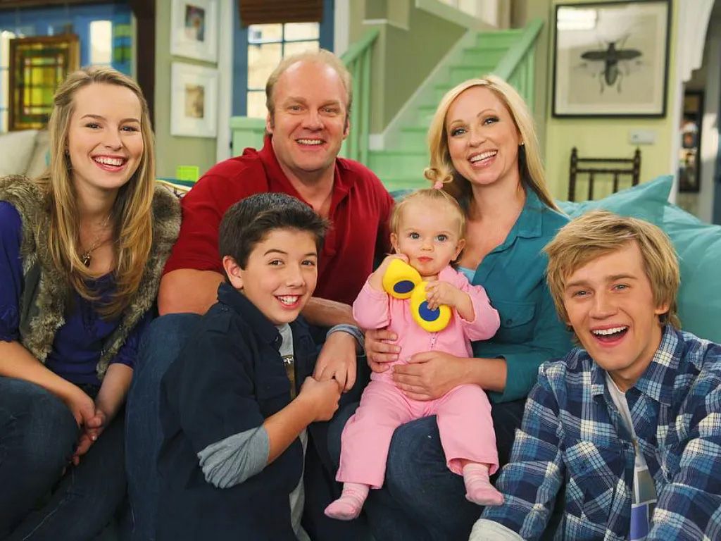 The cast of the Disney Channel series Good Luck Charlie on the set.